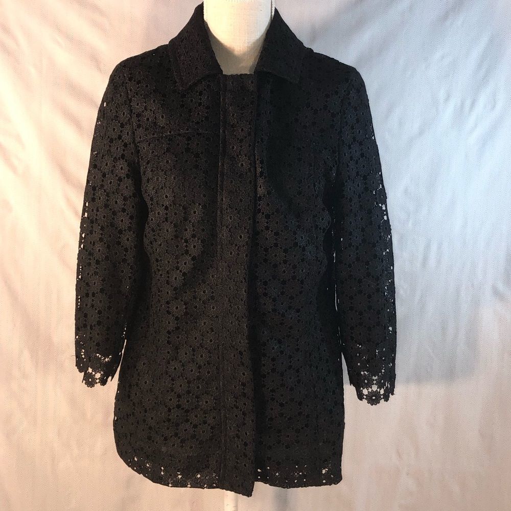 Doncaster Vintage Black Embroidered Lace Long Sleeve Zip Up Collared Jacket 8👍